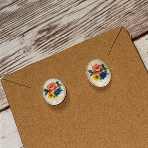 Vintage Floral Earrings with Red, Blue, and Yellow Accents